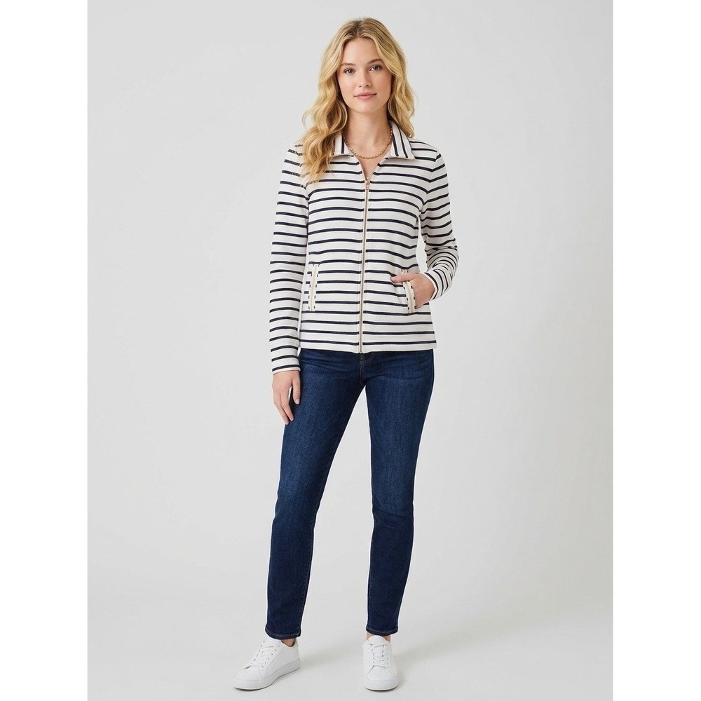Lilly Pulitzer Navy White Striped Chilly Lilly Zip Up Jacket Gold Trim XS